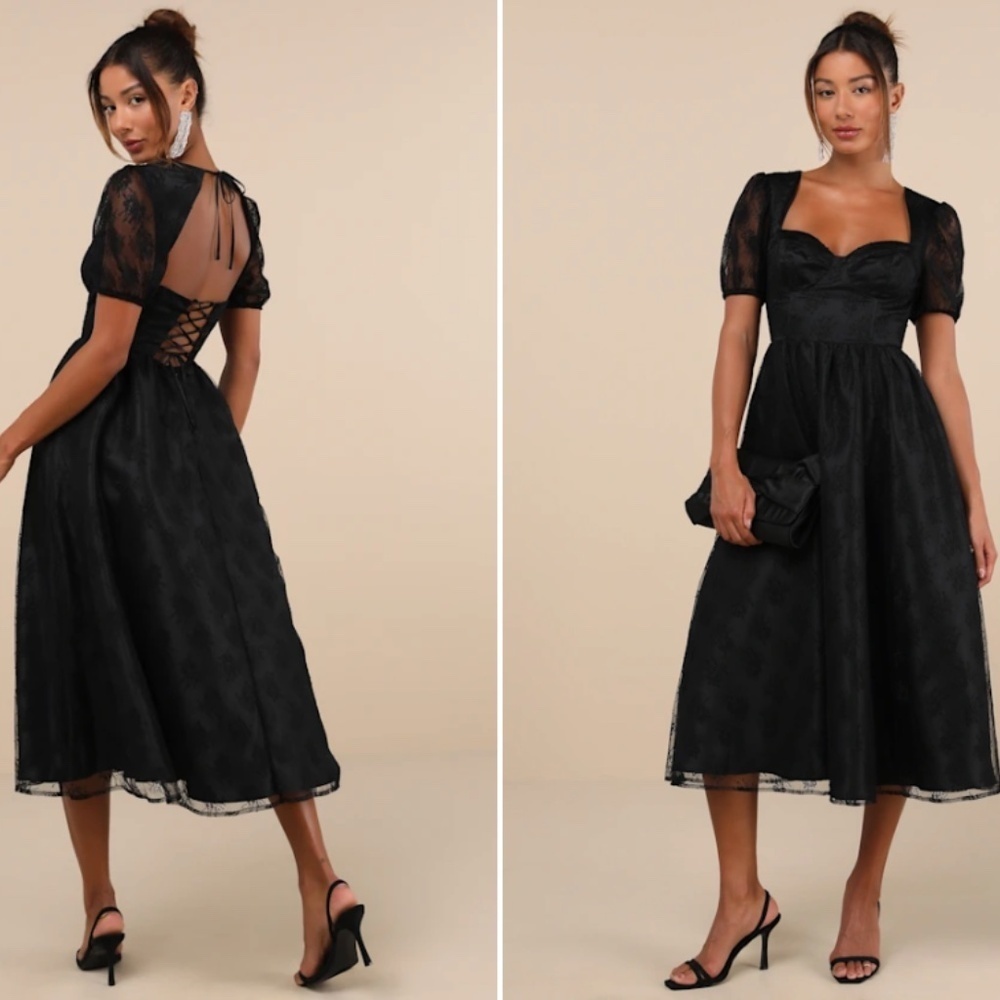 Lulu's Black Puff Sleeve Lace-Up Back Midi Dress